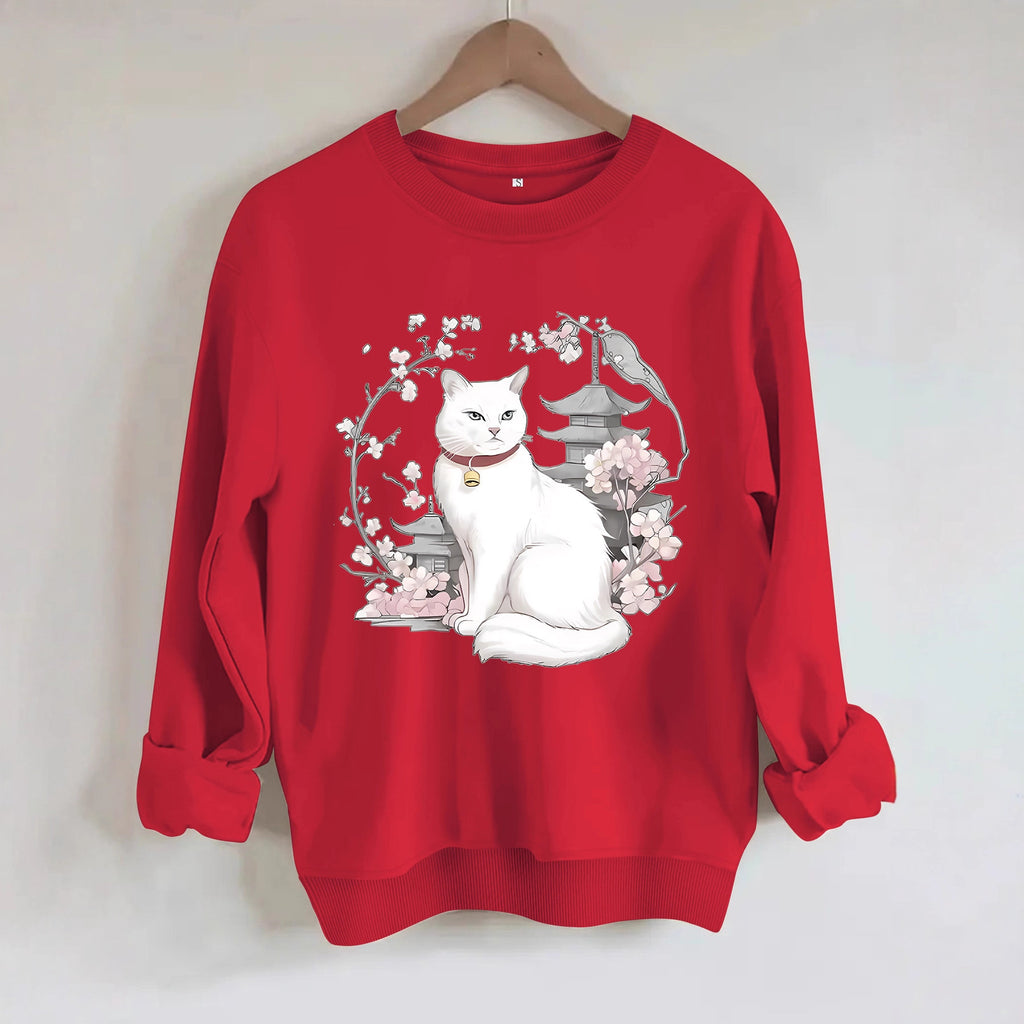 Sakura and Cat Printed Hoodie for Women