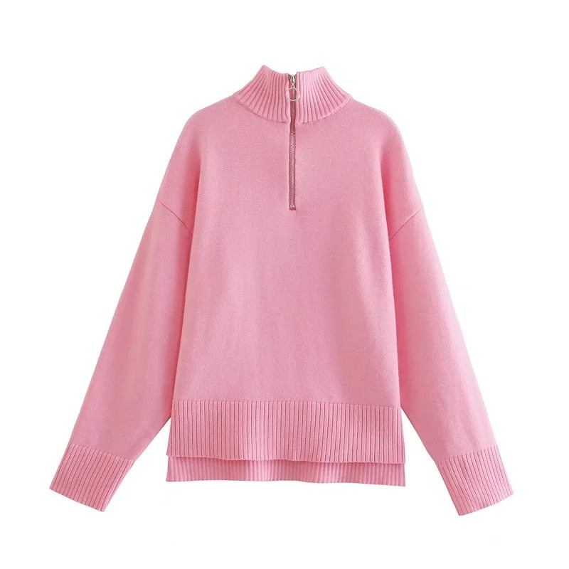 Klkxmyt Sweaters Women's Fashion Stripe Loose Zipper Knit Sweaters Vintage Long Sleeve Asymmetrical Female Pullover Tops