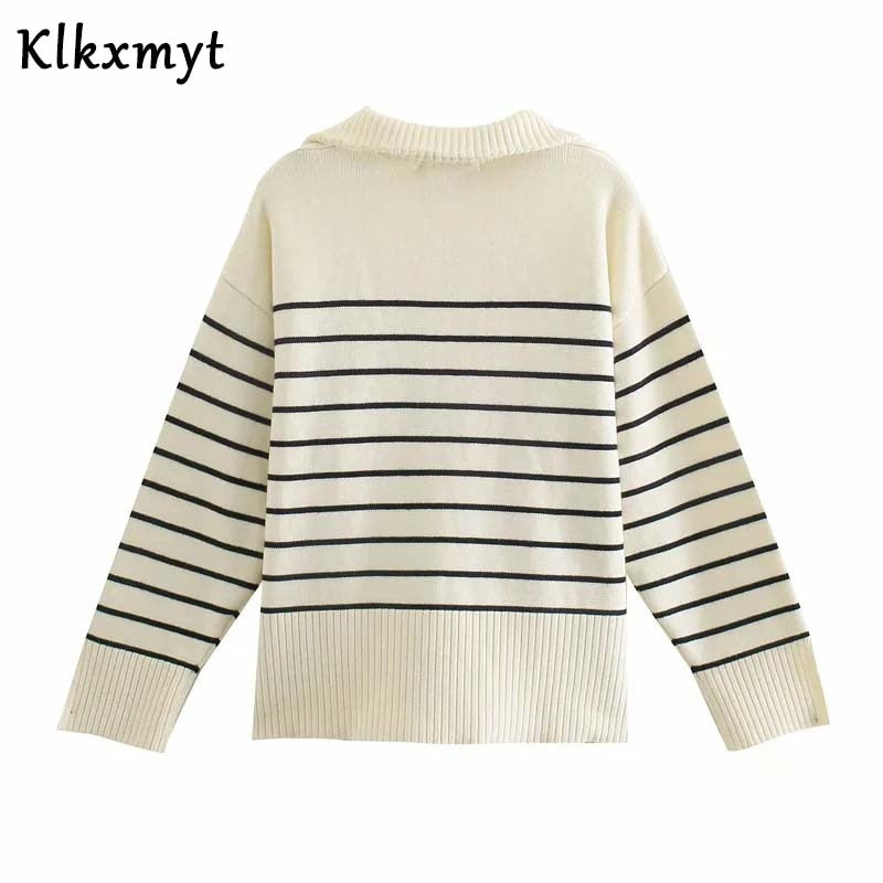 Klkxmyt Sweaters Women's Fashion Stripe Loose Zipper Knit Sweaters Vintage Long Sleeve Asymmetrical Female Pullover Tops