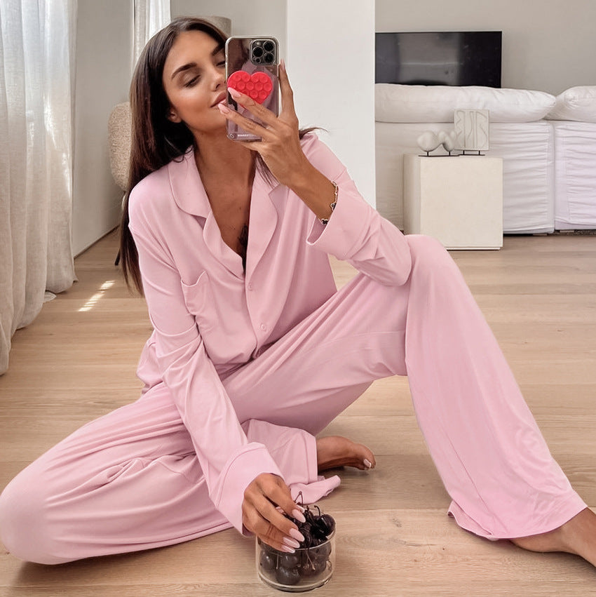 Comfortable Modal Long Sleeve amp Pants Sleepwear Set for Women, Casual Lounge Wear, Open Front Design