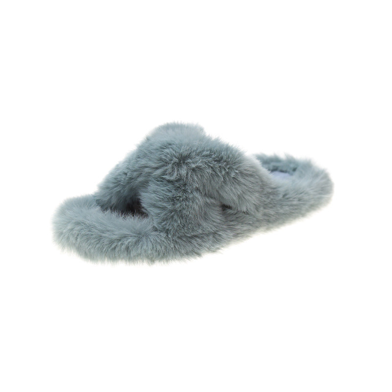 Autumn And Winter Internet Celebrity Slippers To Wear Warm Plus Size Cross Hair Slippers Women's Shoes