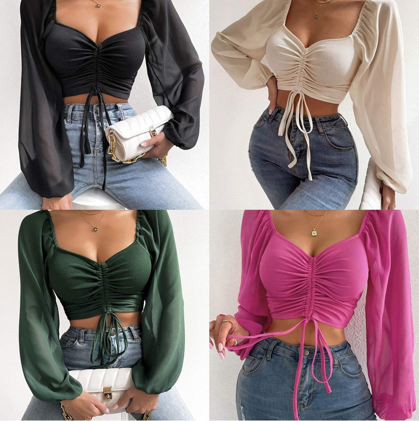 New Pit Stripe Patchwork Chiffon Drawstring Lantern Sleeve Fitted and Stylish Women's Top