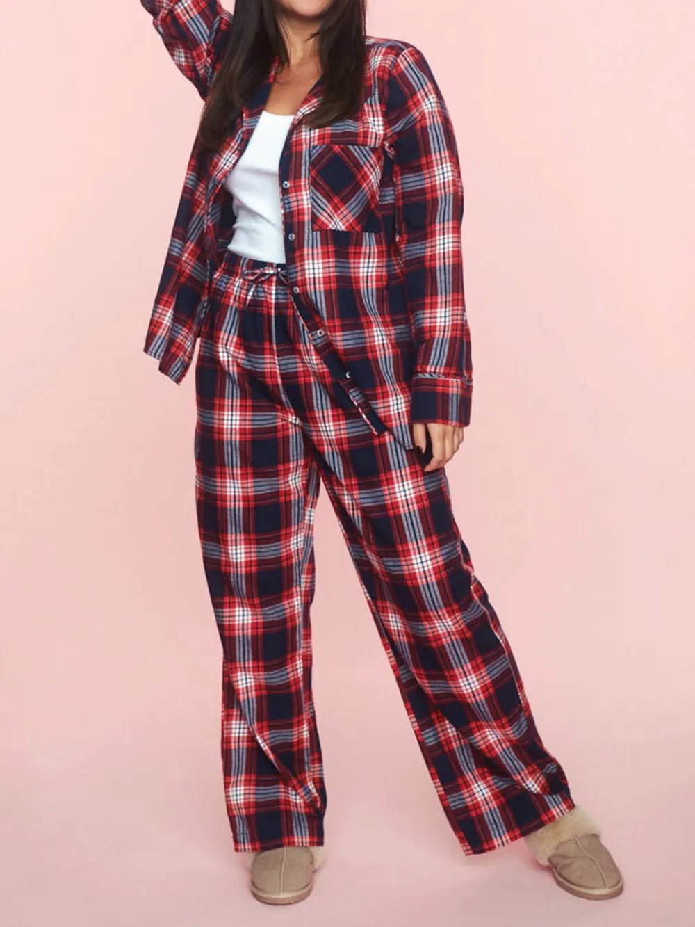 Plaid Collared Neck Button-Up Top and Pants Lounge Set