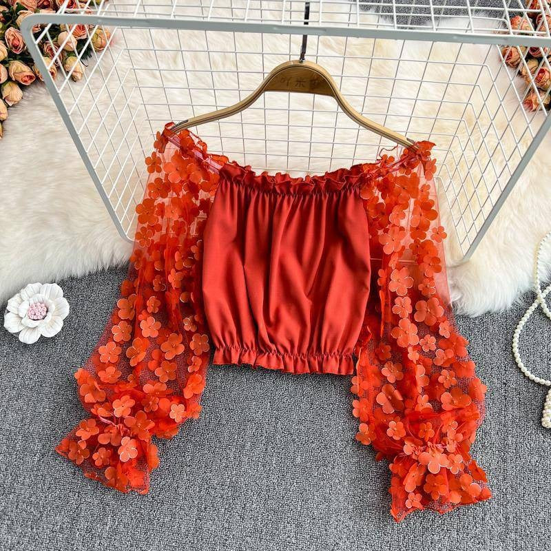 Off-Shoulder Three-Dimensional Floral See-Through Mesh Patchwork Chiffon Shirt for Women Loose Waist Short Off-Shoulder Top