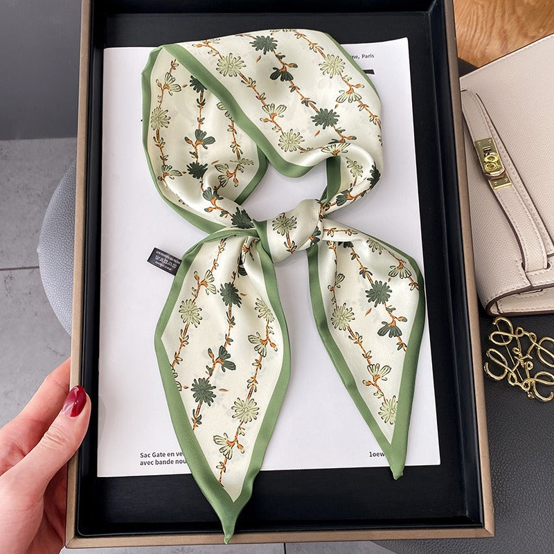 Spring And Summer New Women's Literary And Artistic Floral Long Small Scarves Professional Silk Scarf Fashionable Binding Bag Ribbon Hair Band Scarves
