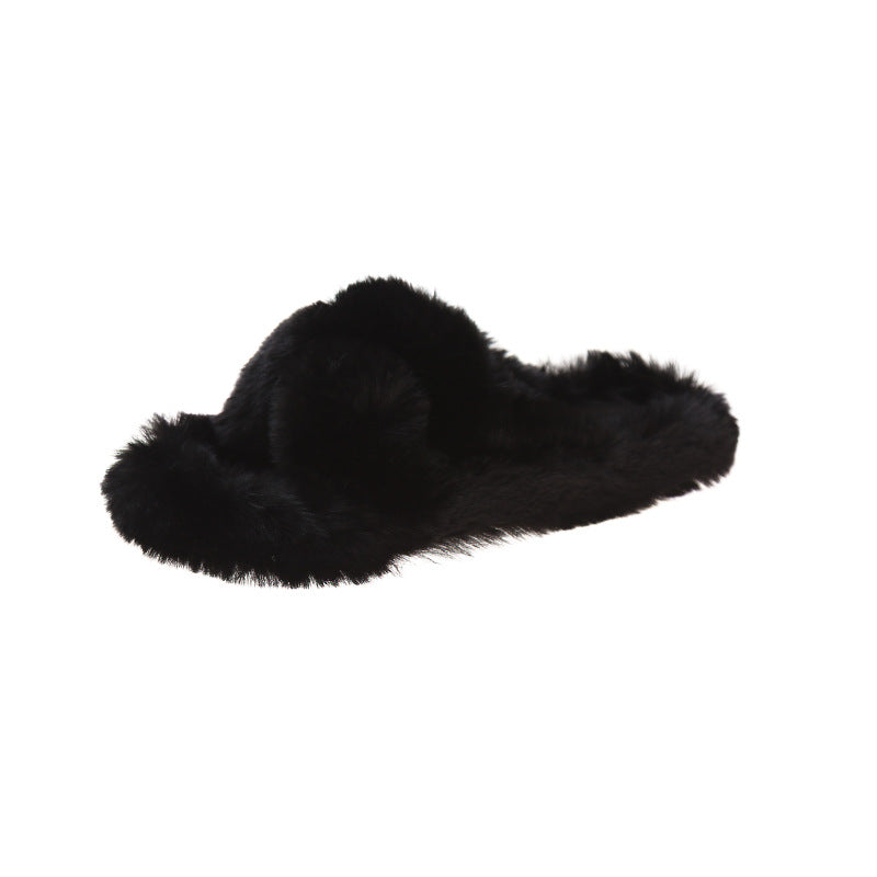 Autumn And Winter Internet Celebrity Slippers To Wear Warm Plus Size Cross Hair Slippers Women's Shoes
