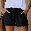 Elastic waist fringe denim shorts for women