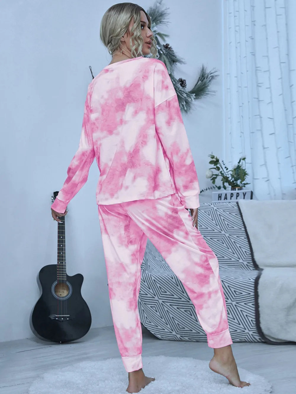 Ensemble de salon haut et pantalon tie-dye brillant à col rond