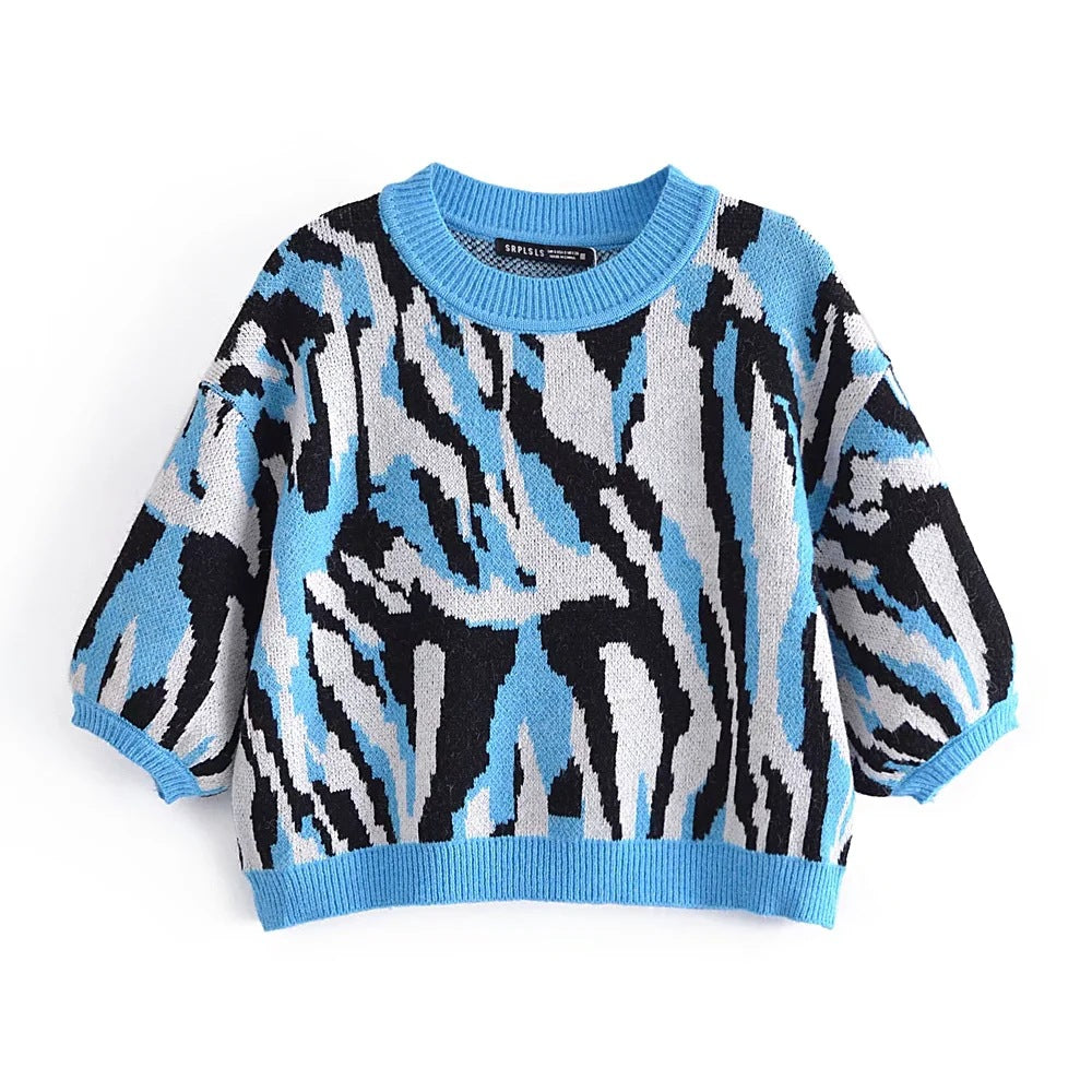 Summer Autumn Women Chic Leopard Printed Short Sweaters Casual Loose Streetwear Knitting Pullover Cropped Tops