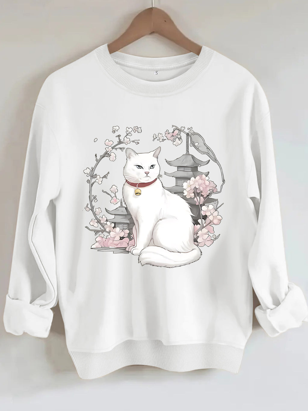 Sakura and Cat Printed Hoodie for Women