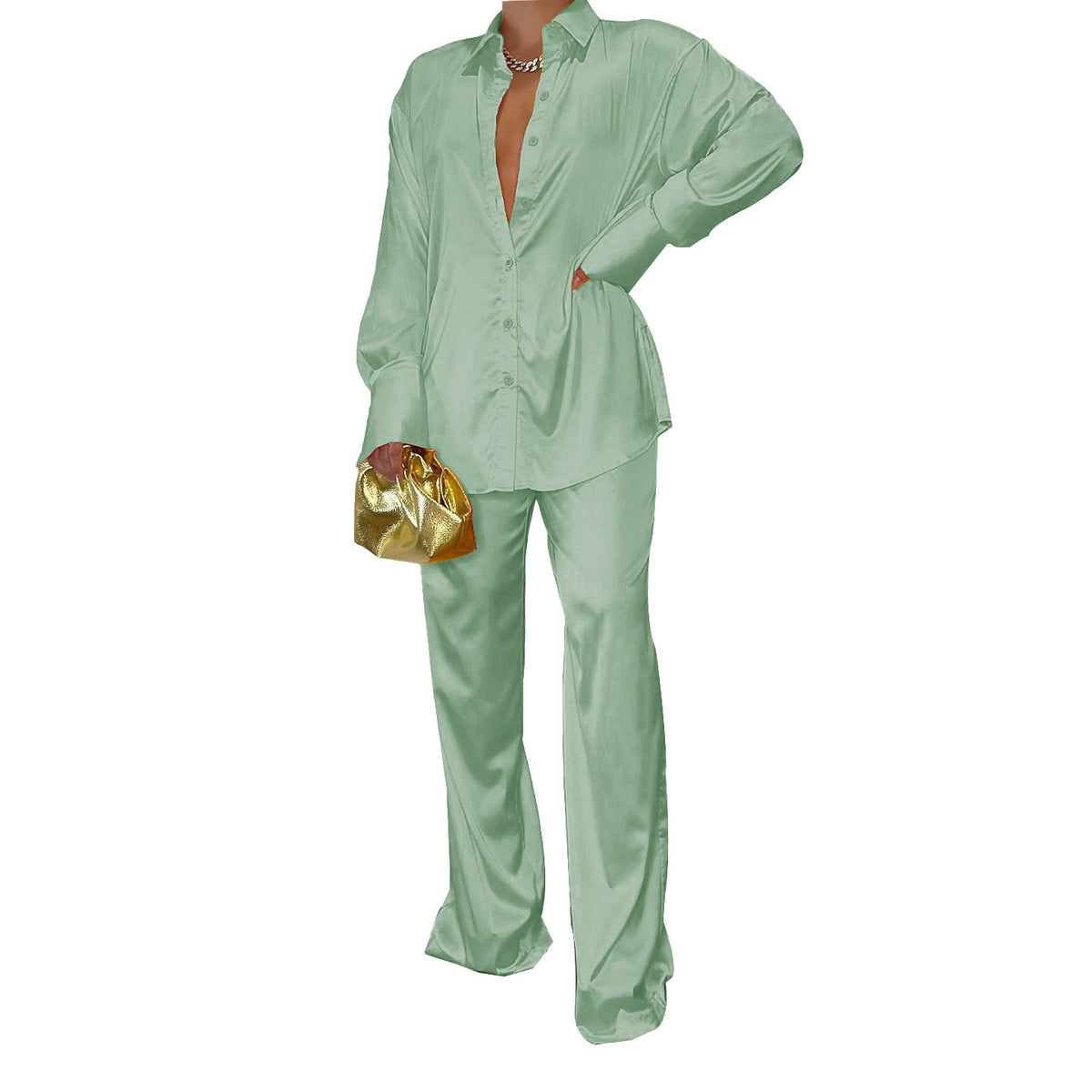 Elegant Satin Women's Matching Sets Casual Long Sleeve Shirt