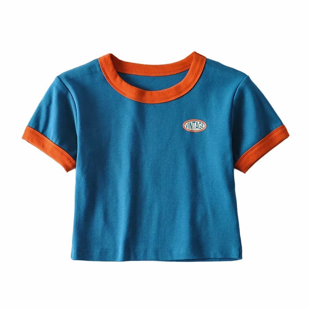 American Vintage Style Small Label Short Sleeve Womens Fashion New High Round Neck Leaky Umbilical T Shirt Spicy Girl Top
