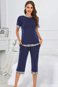Round Neck Short Sleeve Top and Capris Pants Lounge Set