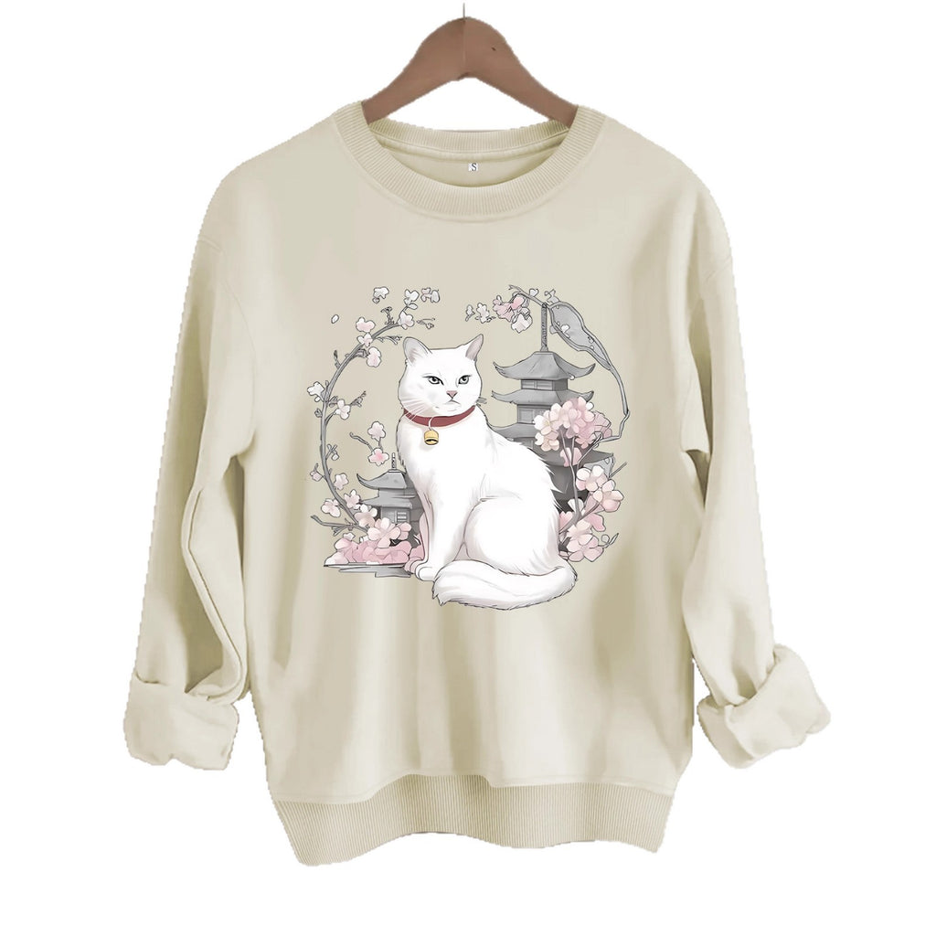 Sakura and Cat Printed Hoodie for Women