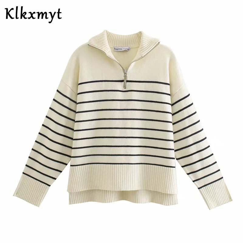 Klkxmyt Sweaters Women's Fashion Stripe Loose Zipper Knit Sweaters Vintage Long Sleeve Asymmetrical Female Pullover Tops