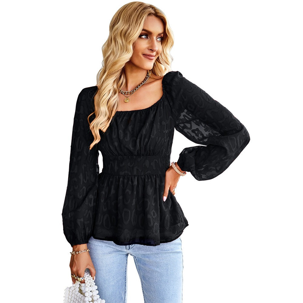 Women’s French Square-Neck Long-Sleeve Chiffon Slim-Fit Top