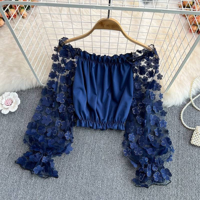 Off Shoulder Three Dimensional Flower Perspective Mesh Patchwork Chiffon Shirt for Womens Loose Waist Short Off Shoulder Top