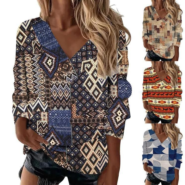 Women’s Retro Geometric Print V-Neck Long-Sleeve Loose Top