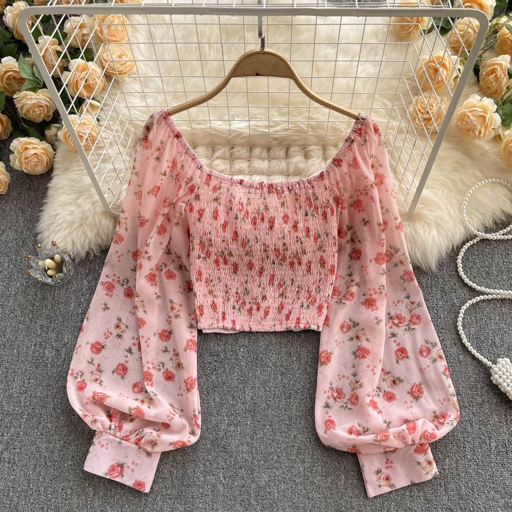 Women’s Vintage Floral Lace-Up Bow-Tie Crop Top with Puff Sleeves