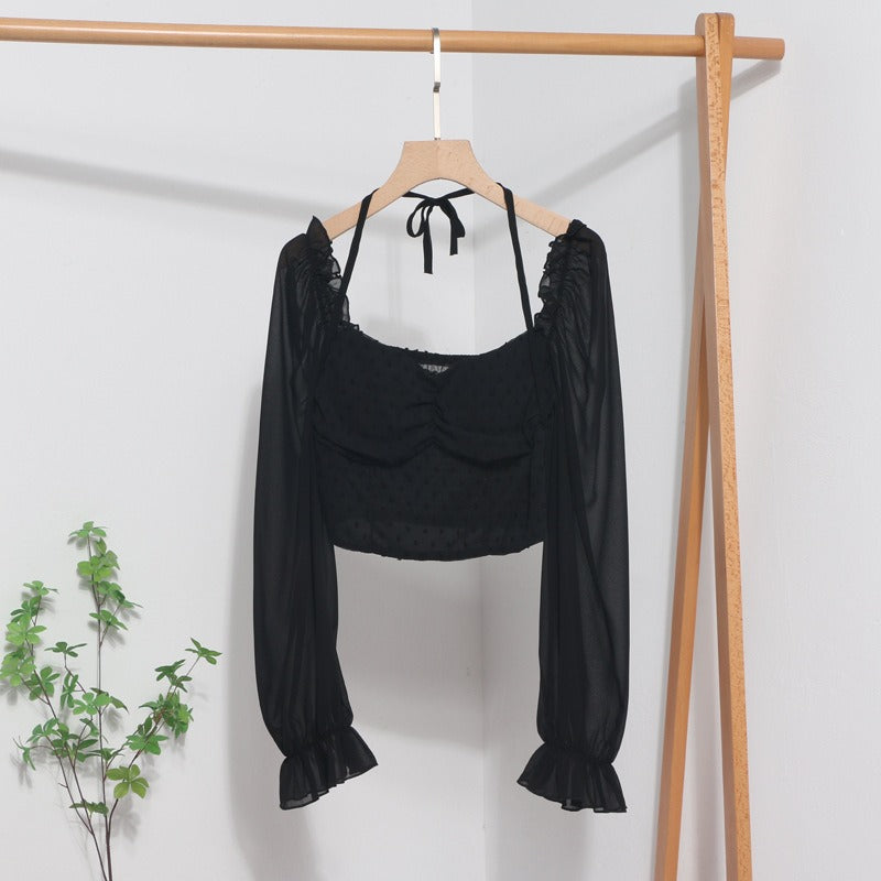 Square Neck Leaky Collar Short Shirt New Lantern Long Sleeve Lace Up Neck Shirt Womens Top
