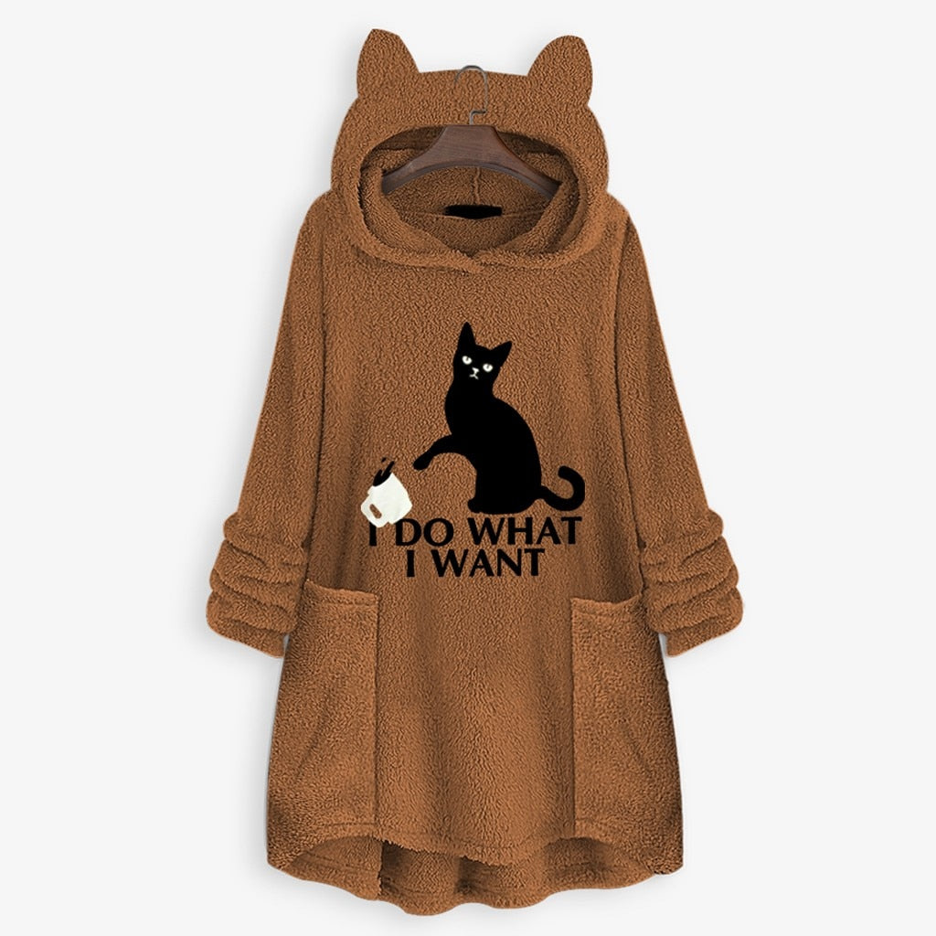 Womail Hoodie Sweatshirt Women's Winter Fleece Cat Ear Long Pocket Loose Casual Hooded Feminine Oversize Sweatshirt Plus Size