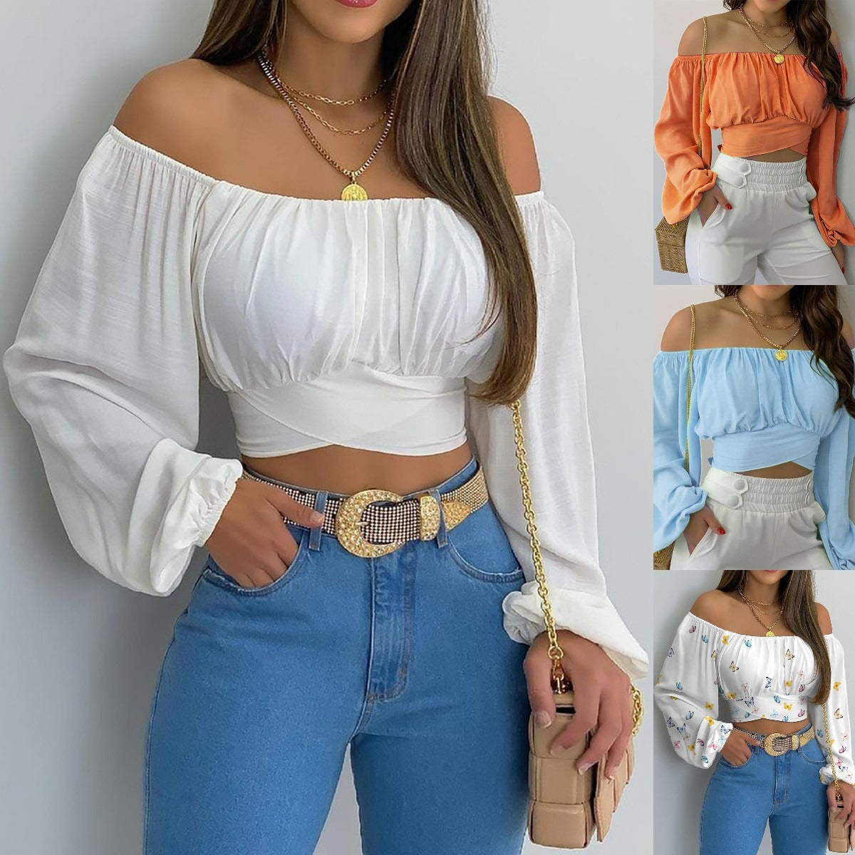 Hot Selling Women's Off-Shoulder Cross Tie Long-Sleeved Top in Europe and America