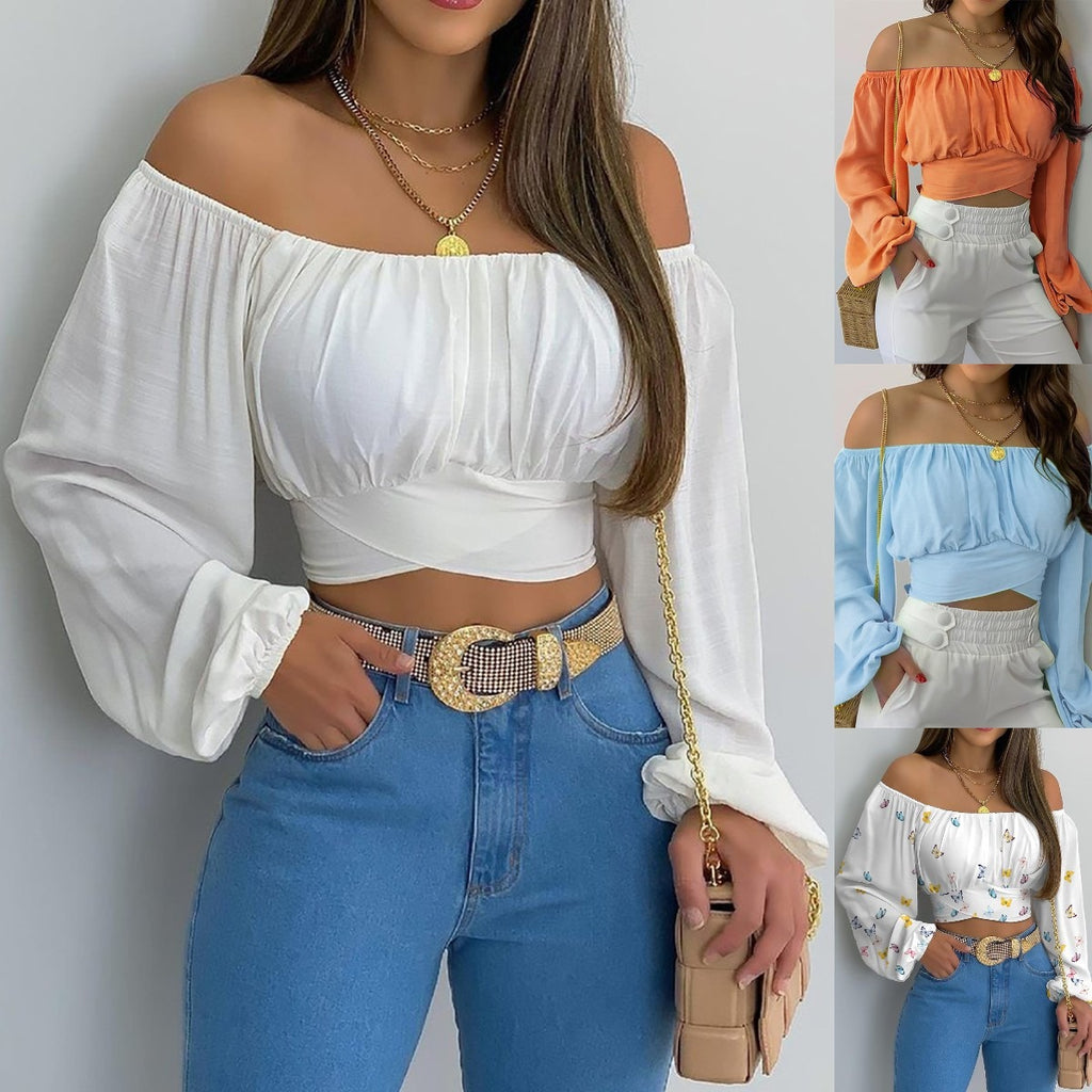 Hot Selling Women's Off-Shoulder Cross Tie Long-Sleeved Top in Europe and America