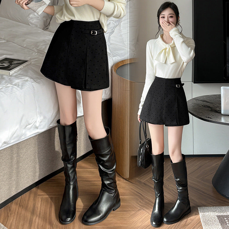 Pleated Woolen Shorts for Women A-Line Skirt Pants