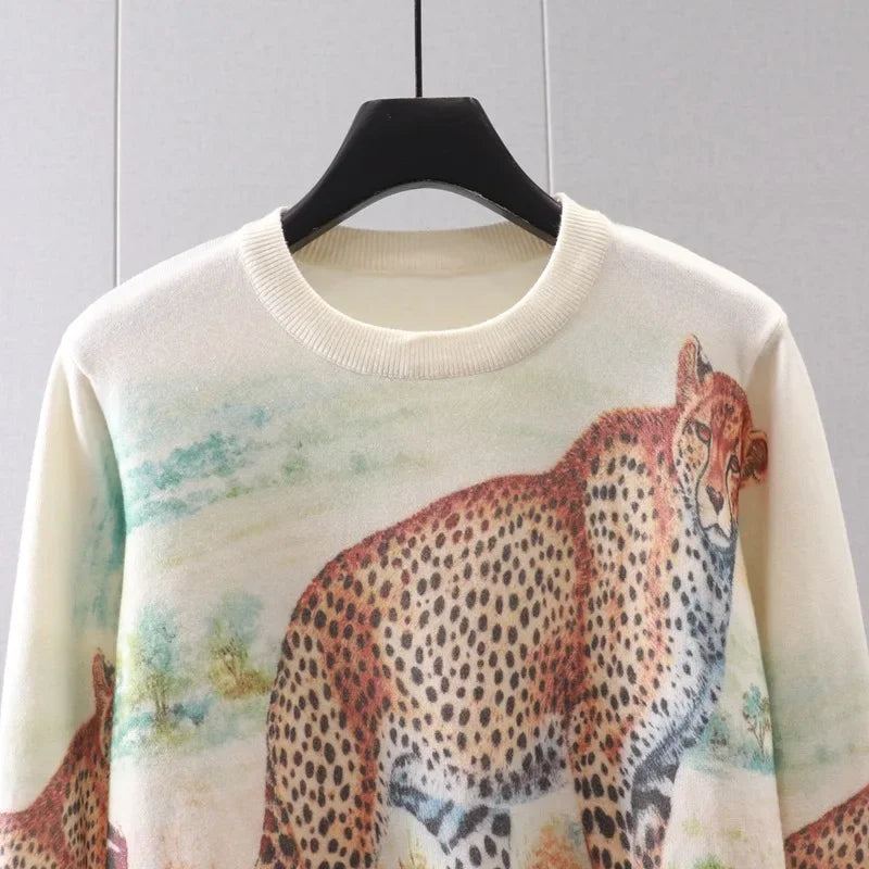 Sweaters Women Luxury Brand Jumper Knitted Sweaters Pullovers Long Sleeve Tops Animal Leopard Print Jersey Y2k Women Clothing