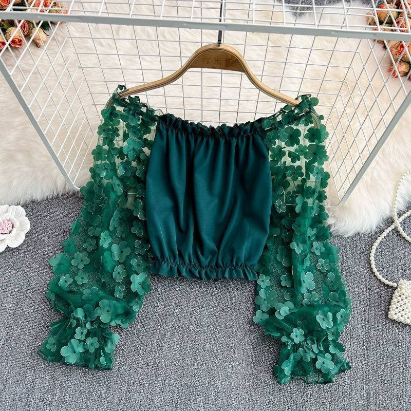 Off-Shoulder Three-Dimensional Floral See-Through Mesh Patchwork Chiffon Shirt for Women Loose Waist Short Off-Shoulder Top