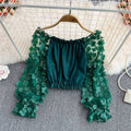 Off-Shoulder Three-Dimensional Floral See-Through Mesh Patchwork Chiffon Shirt for Women Loose Waist Short Off-Shoulder Top