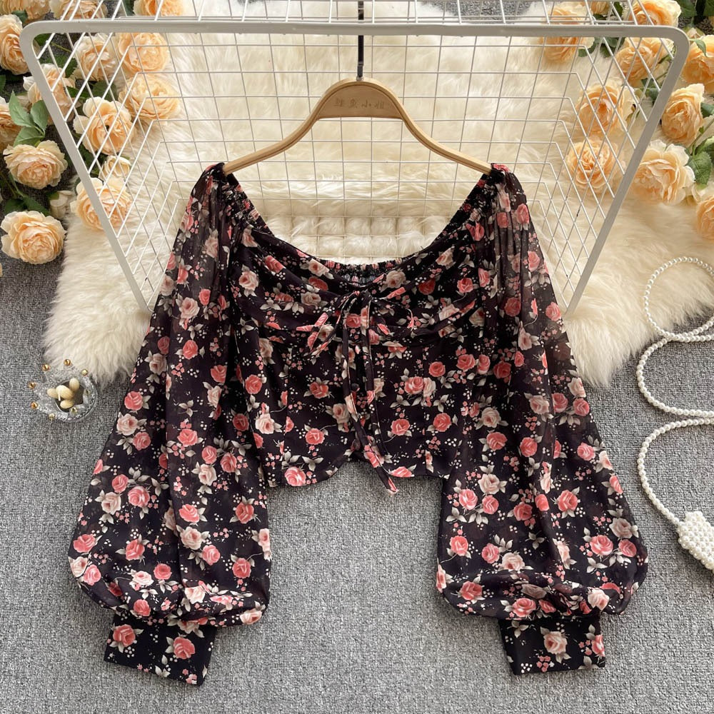 Women’s Vintage Floral Lace-Up Bow-Tie Crop Top with Puff Sleeves
