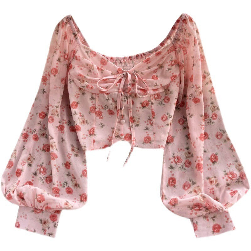 Women’s Vintage Floral Lace-Up Bow-Tie Crop Top with Puff Sleeves