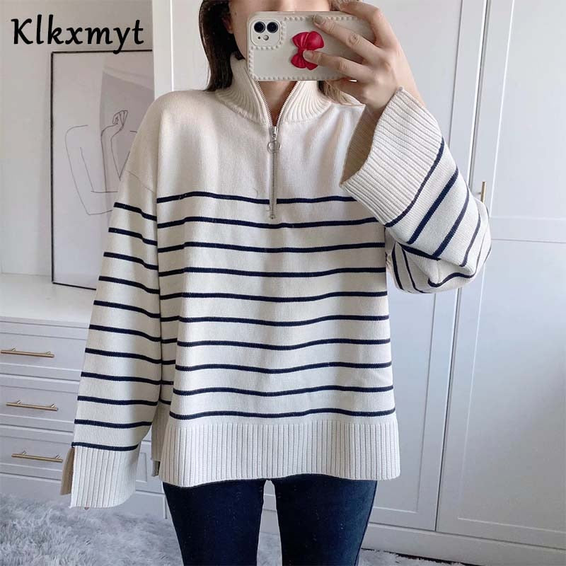 Klkxmyt Za Sweaters Women Fashion Stripe Loose Zipper Knitting Sweaters Vintage Long Sleeve Asymmetry Female Pullover Tops