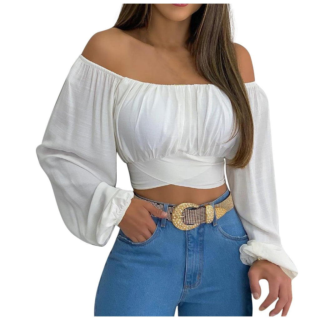 Hot Selling Women's Off-Shoulder Cross Tie Long-Sleeved Top in Europe and America
