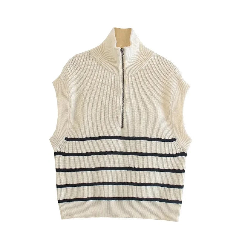 Klkxmyt Sweaters Women's Fashion Stripe Loose Zipper Knit Sweaters Vintage Long Sleeve Asymmetrical Female Pullover Tops