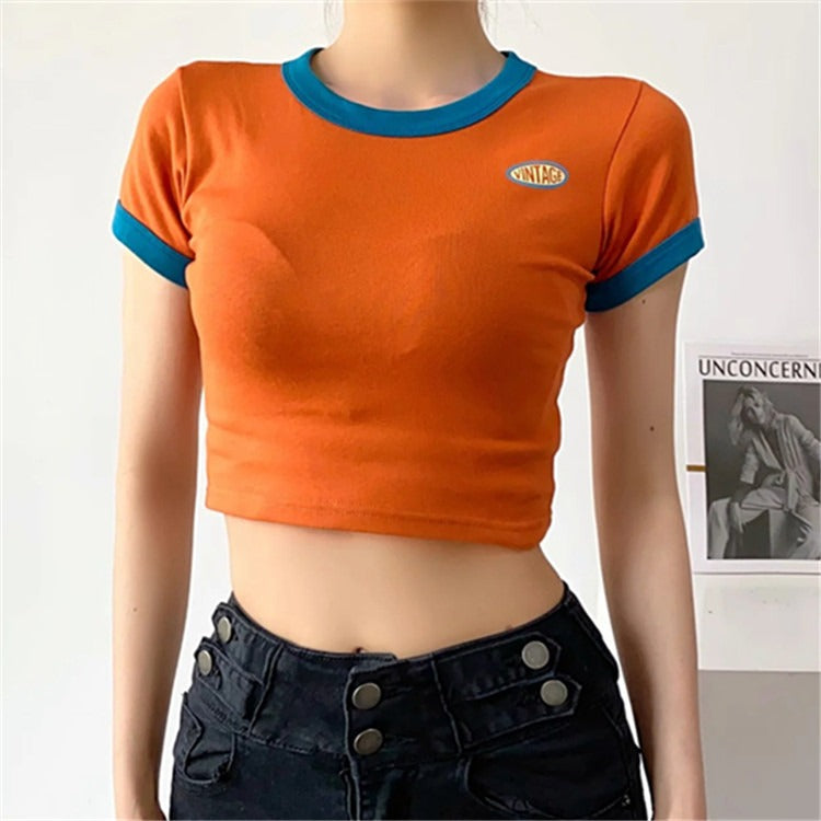 American Vintage Style Small Label Short Sleeve Womens Fashion New High Round Neck Leaky Umbilical T Shirt Spicy Girl Top
