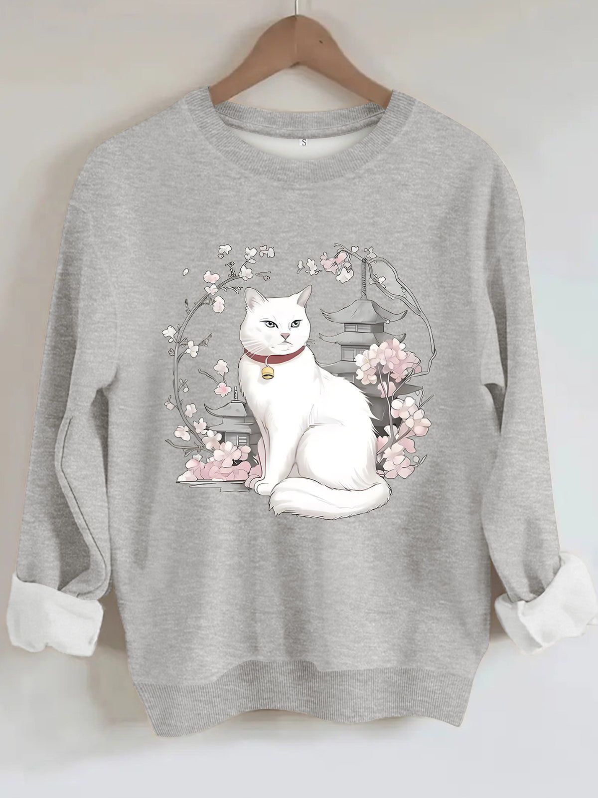 Sakura and Cat Printed Hoodie for Women