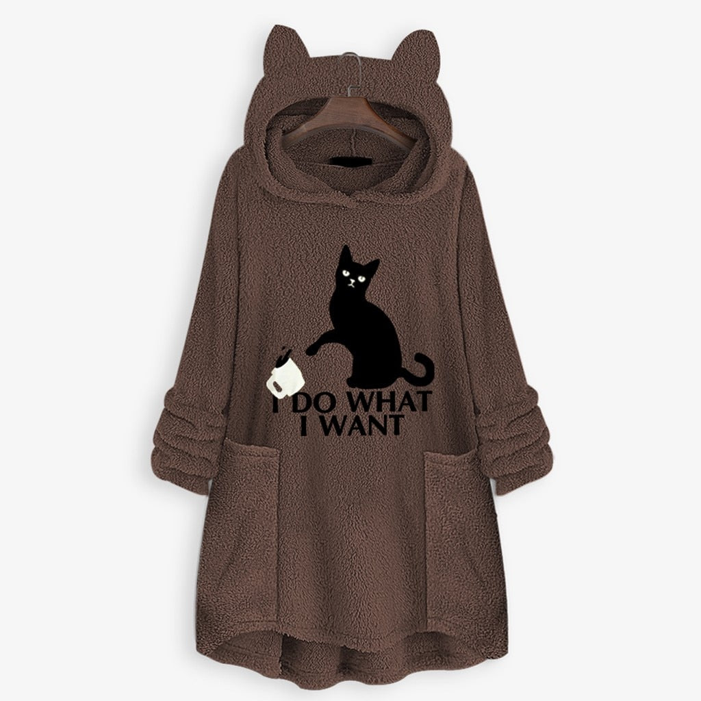 Womail Hoodie Sweatshirt Women's Winter Fleece Cat Ear Long Pocket Loose Casual Hooded Feminine Oversize Sweatshirt Plus Size