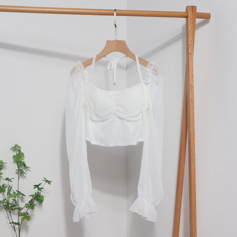 Square Neck Leaky Collar Short Shirt New Lantern Long Sleeve Lace Up Neck Shirt Womens Top
