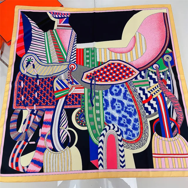 Saddle Print Twill Silk Scarf Women 90CM Square Scarves Wraps Shawl Handmade Curled Silk Head Scarf