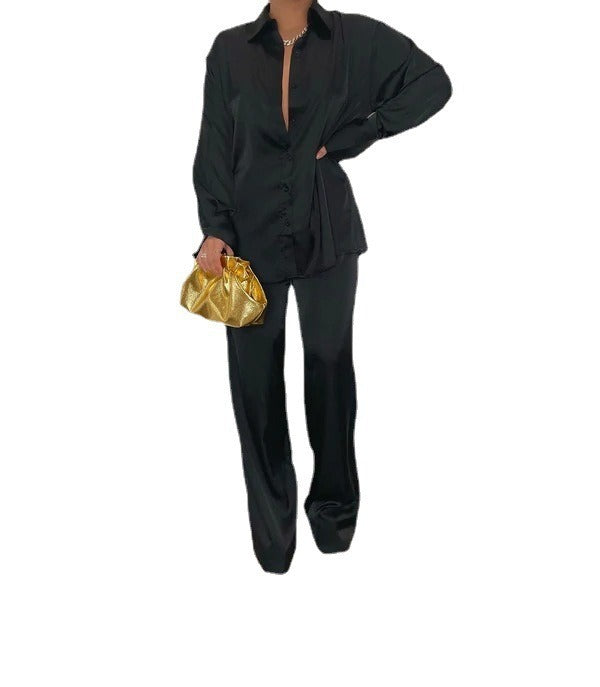 Elegant Satin Women's Matching Sets Casual Long Sleeve Shirt