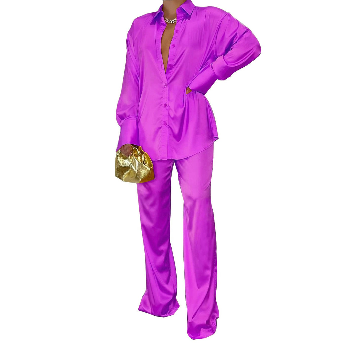 Elegant Satin Women's Matching Sets Casual Long Sleeve Shirt