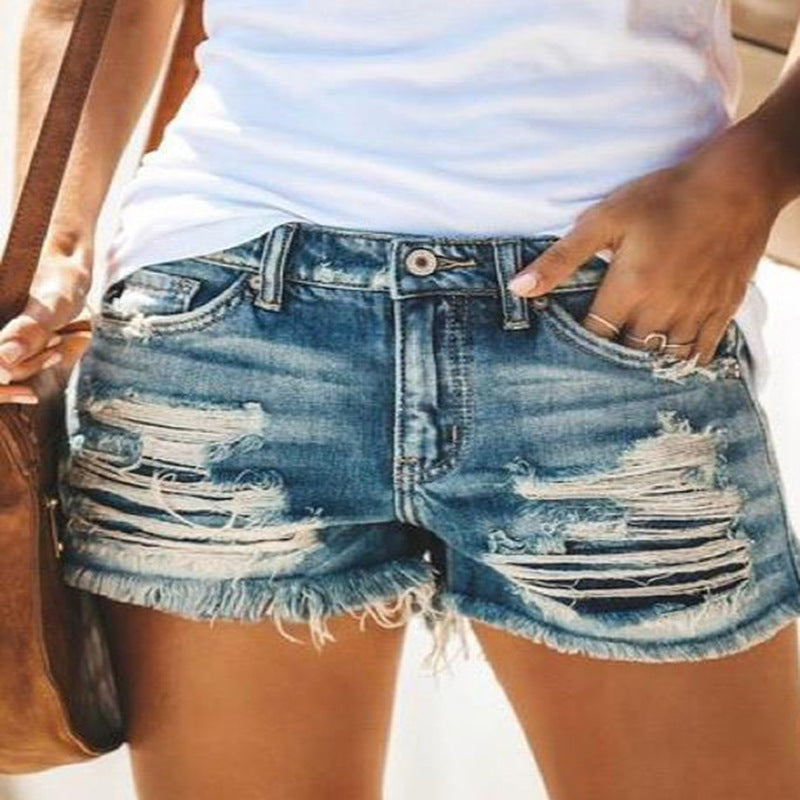 Broken hole tassel denim shorts for women
