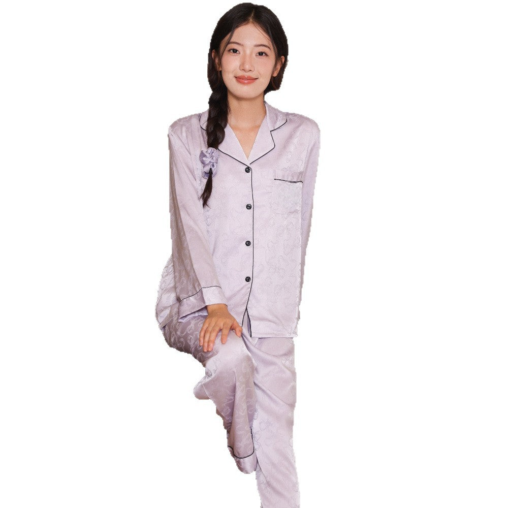 Women's Long Sleeve Luxurious Moonlight Satin Bow Pattern Elegant Minimalist Turn-Down Collar Lounge Wear Set