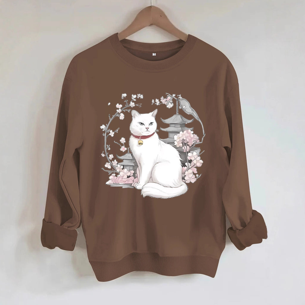 Sakura and Cat Printed Hoodie for Women