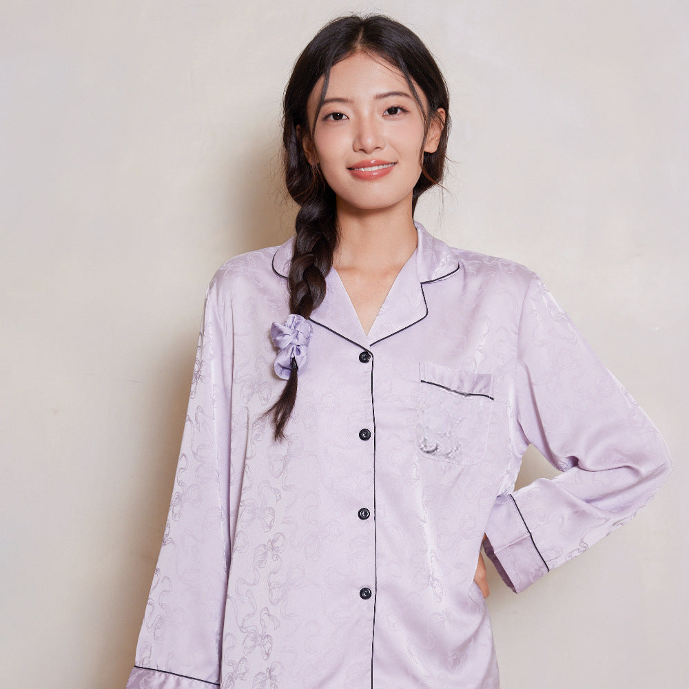 Women's Long Sleeve Luxurious Moonlight Satin Bow Pattern Elegant Minimalist Turn-Down Collar Lounge Wear Set
