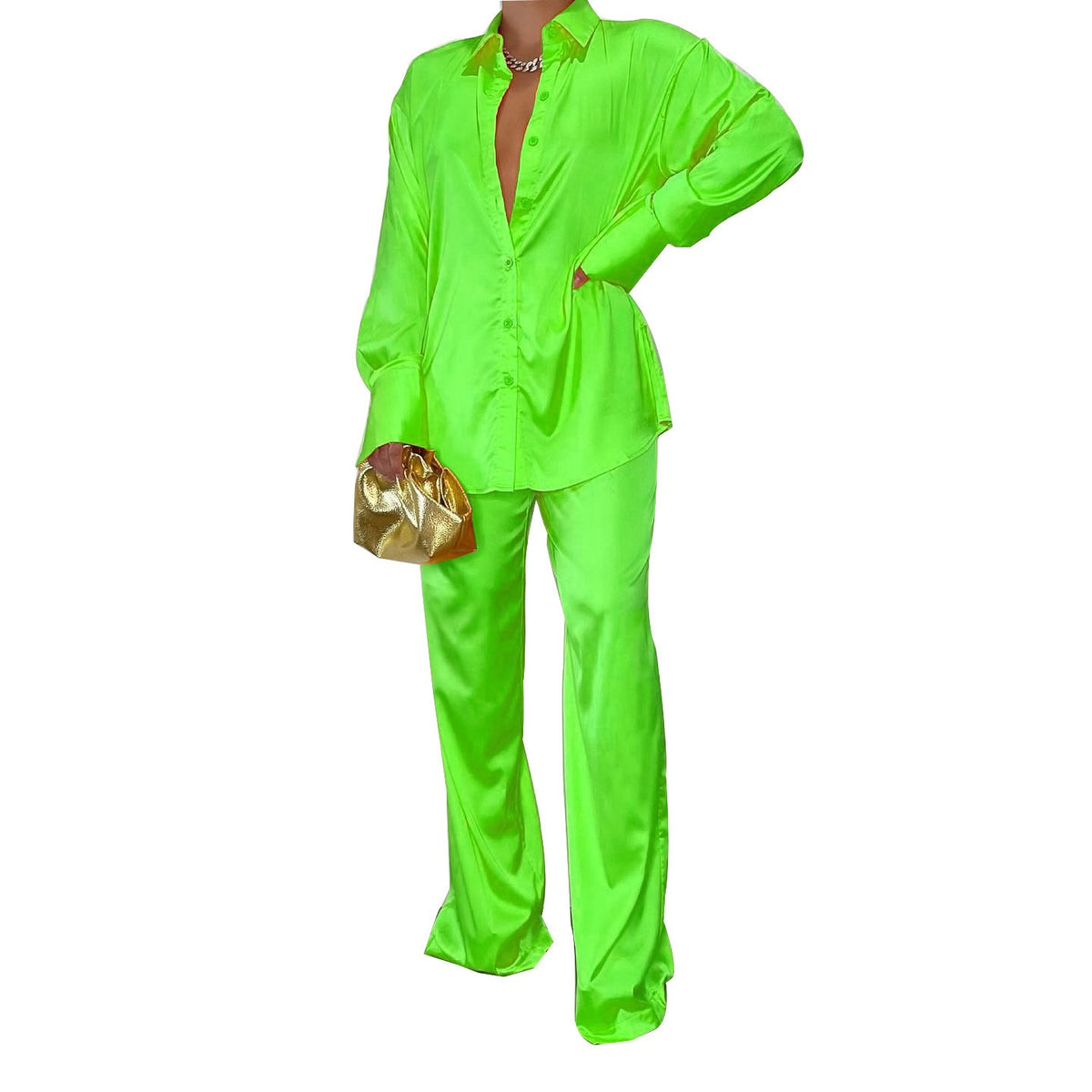 Elegant Satin Women's Matching Sets Casual Long Sleeve Shirt