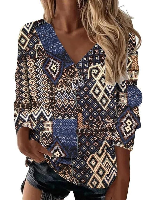 Women’s Retro Geometric Print V-Neck Long-Sleeve Loose Top