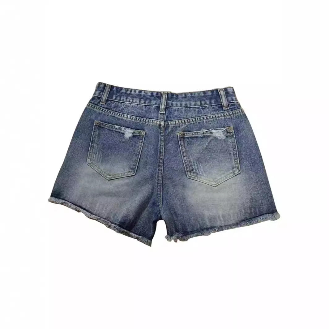 Broken hole tassel denim shorts for women